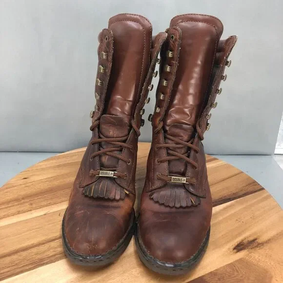 Double H Packer Boots Mens 8.5 Brown Leather Kiltie Lace Up Heeled Mid Calf - Picture 2 of 7